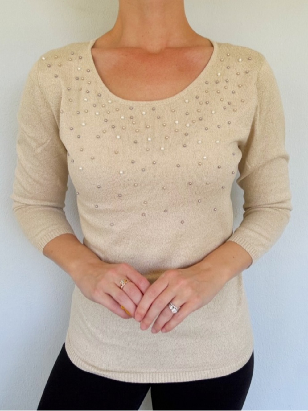 Nue Options metallic gold sparkle pearl bead embroidered sweater size small